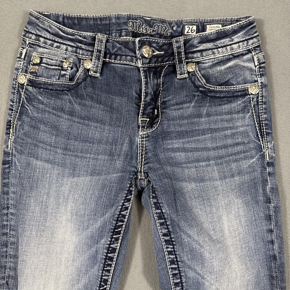 Miss Me straight jEANS wOMEN 26 rHINESTONES embellished  tHICK sTITCH wHISKERING - Picture 5 of 11